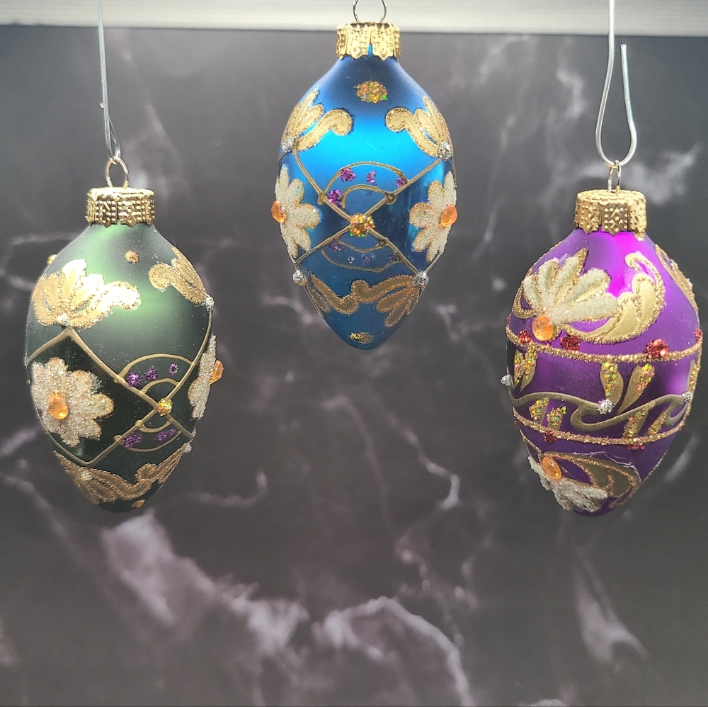Vintage Egg Shaped Glass Ornaments 2.5"  Embellished Glitter Paint Set Of 3